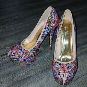 Viga Fiore multicolor rhinestone platform 6" heels  Sz 8.5 EUC